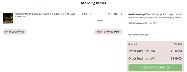Direct Fireplaces shopping basket screenshot