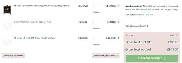 Direct Stoves shopping basket screenshot