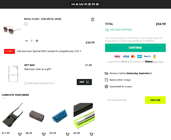 Hawkers shopping basket screenshot