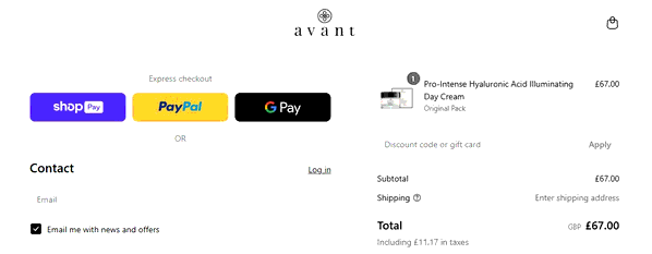 Avant Skincare shopping basket screenshot