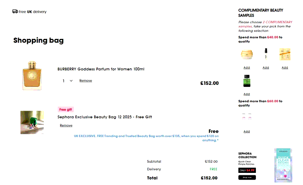 Sephora shopping basket screenshot