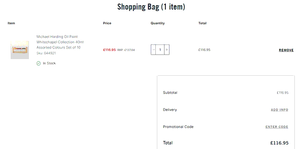 Cass Art shopping basket screenshot