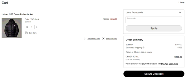 North Face shopping basket screenshot
