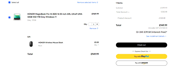 HONOR shopping basket screenshot