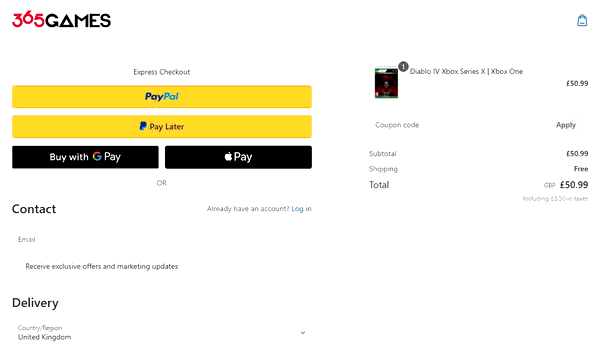 365 Games shopping basket screenshot
