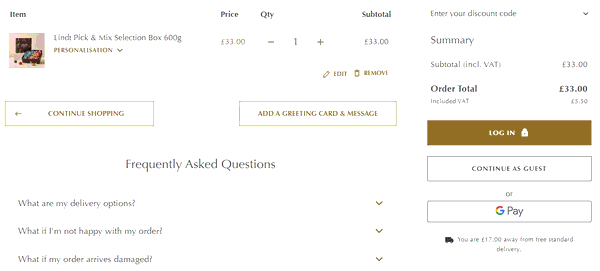 Lindt shopping basket screenshot