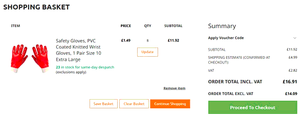 DIY Direct shopping basket screenshot
