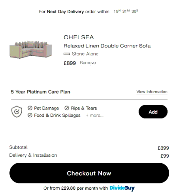 Sofa Club shopping basket screenshot