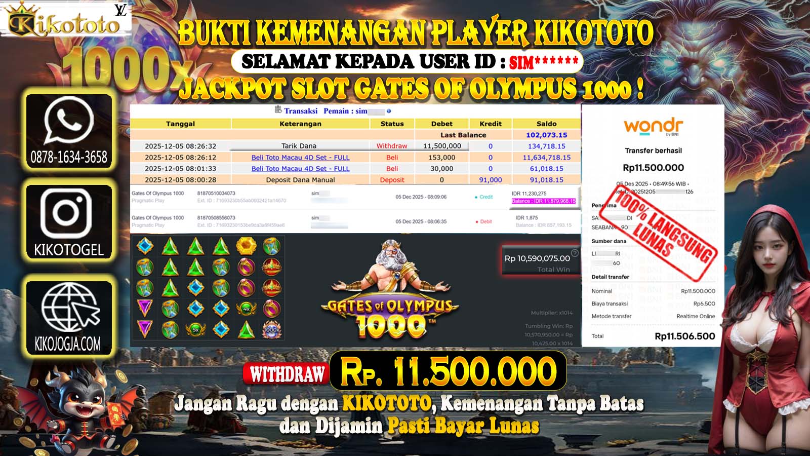 LAGI - LAGI !! MENANG BESAR DI GATES OF OLYMPUS 1000 SEBESAR Rp 11.500,000 LANGSUNG DAN TANPA BASA BASI DI BAYAR KIKOTOTO !!!