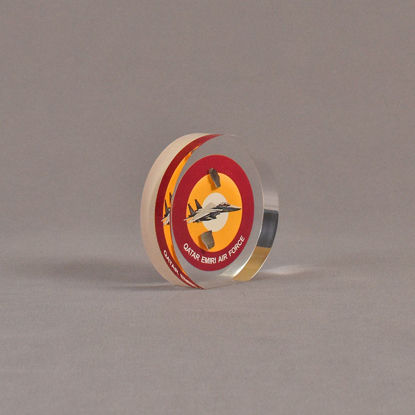 Angle view of 3 1/2" circle acrylic embedment with full color image