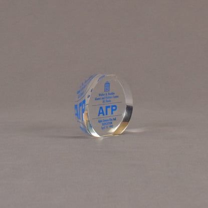 Angle view of 3" circle acrylic embedment with blue image