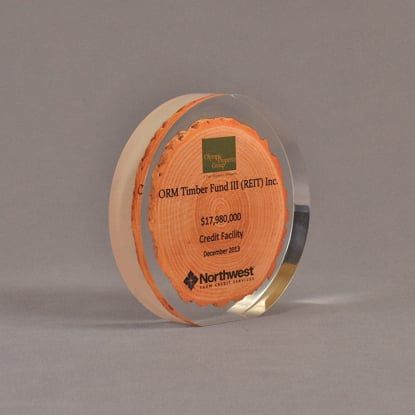 Angle view of 5" circle acrylic embedment with printed wood chip