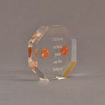Angle view of 4" x 4" octagon acrylic embedment award with two pennies cast in acrylic highlighted with laser engraving.