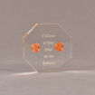 Front view of 4" x 4" octagon acrylic embedment award with two pennies cast in acrylic highlighted with laser engraving.