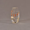 Side view of 4" x 4" octagon acrylic embedment award with two pennies cast in acrylic highlighted with laser engraving.