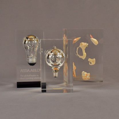 Three rectangle block acrylic embedment awards two with light bulbs the other with sea shells cast into clear acrylic.