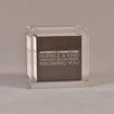 Front view of 3 1/2" cube acrylic embedment award with creative printed cube cast into clear acrylic.