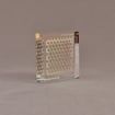 Angle view of 4" square acrylic embedment award with metal screen and Cooper Union cast in clear acrylic.