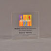 Front view of 5" square acrylic embedment award with Stryker logo and acetate printed text cast into acrylic.