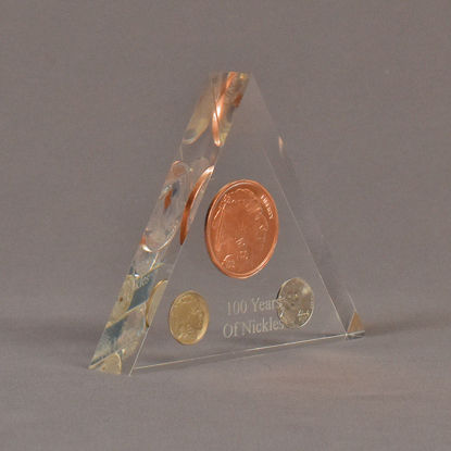 Angle view of 5" triangle acrylic embedment award with 100 Years of US nickels cast in clear acrylic.