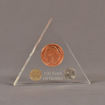 Front view of 5" triangle acrylic embedment award with 100 Years of US nickels cast in clear acrylic.