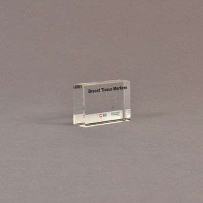 Angle view of 2" x 3" rectangle acrylic embedment award with medical tissue markers cast in acrylic.