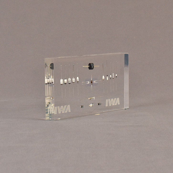 Angle view of 3 1/2" x 6" rectangle acrylic embedment award with anodes & diodes cast into clear acrylic.