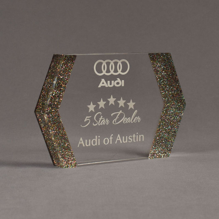 Angle view of ColorCast™ 8" Edges Acrylic Award with rainbow glitter color highlight showing trophy laser engraving.