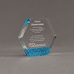 Angle view of ColorCast™ 5" Hexagon Acrylic Award with blue glitter color highlight showing trophy laser engraving.