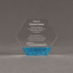 Front view of ColorCast™ 5" Hexagon Acrylic Award with blue glitter color highlight showing trophy laser engraving.