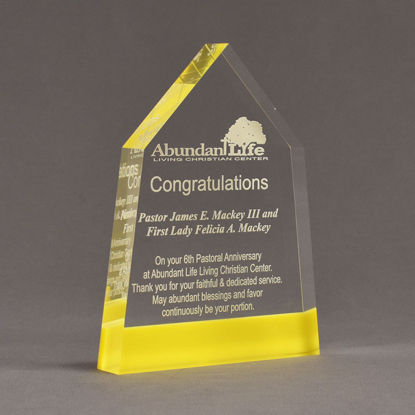 Angle view of ColorCast™ 8" Obelisk Acrylic Award with light yellow color highlight showing trophy laser engraving.