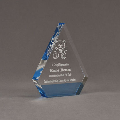 Angle view of ColorCast™ 6" Peak Acrylic Award with transparent light blue color highlight showing trophy laser engraving.