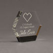 Angle view of Composites™ 6" Hexagon Acrylic Award with Sanded Black Onyx Staron® accent showing trophy laser engraving.