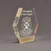 Side view of Composites™ 7" Hexagon Acrylic Award with Aspen Brown Staron® accent showing trophy laser engraving.