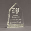 Angle view of Composites™ 8" Obelisk Acrylic Award with Platinum Grey Staron® accent showing trophy laser engraving.