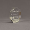 Side view of Composites™ 5" Octagon Acrylic Award with Platinum Grey Staron® accent showing trophy laser engraving.