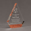 Angle view of ColorCast™ 8" Peak Acrylic Award with transparent copper glitter color highlight showing trophy laser engraving.