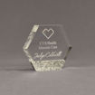 Angle view of Composites™ 5" Hexagon Acrylic Award with Platinum Grey Staron® accent showing trophy laser engraving.