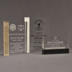 Three Composites™ Rectangle Acrylic Awards grouped showing Staron® Aspen Brown, Sanded White Pepper and Sanded Black Onyx accent options.