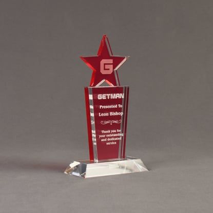 Angle view of Lucent™ 8" Brilliant Acrylic Award with translucent cardinal color highlight showing trophy laser engraving.