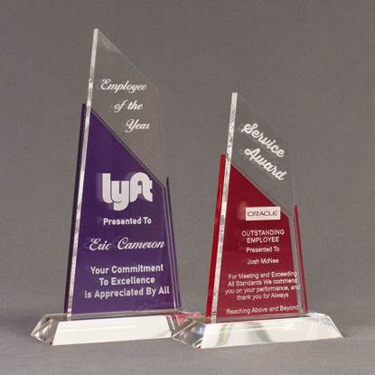 Two Lucent™ Lustrous Acrylic Awards grouped showing royal purple and cardinal translucent accent color options.