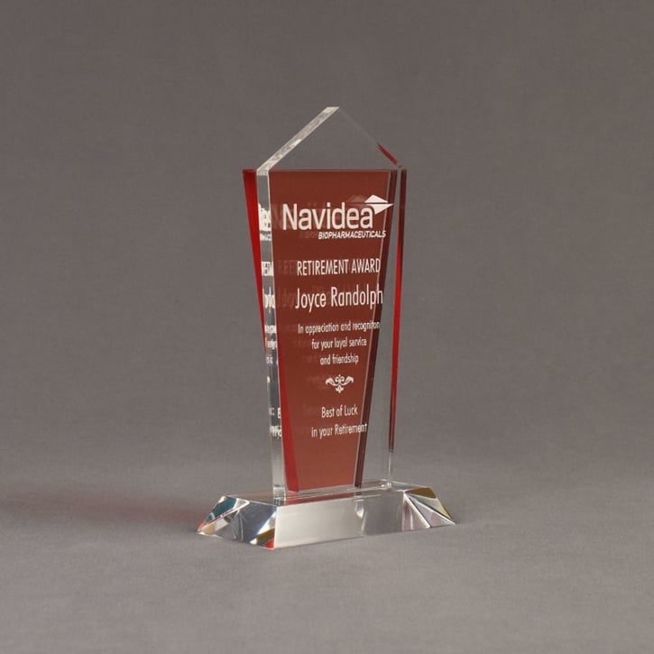 Angle view of Lucent™ 8" Dazzle Acrylic Award with translucent tangerine color highlight showing trophy laser engraving.