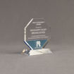 Angle view of Lucent™ 5" Lambent Acrylic Award with translucent sky blue color highlight showing trophy laser engraving.