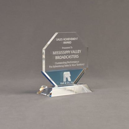 Angle view of Lucent™ 5" Lambent Acrylic Award with translucent sky blue color highlight showing trophy laser engraving.