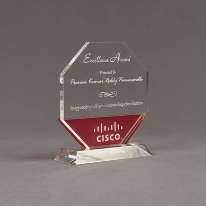 Angle view of Lucent™ 7" Lambent Acrylic Award with translucent cardinal color highlight showing trophy laser engraving.