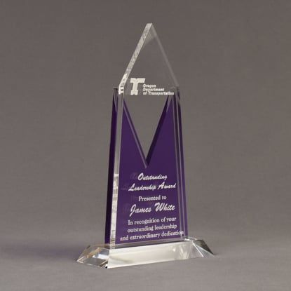 Angle view of Lucent™ 10" Luminous Acrylic Award with translucent royal purple yellow color highlight showing trophy laser engraving.