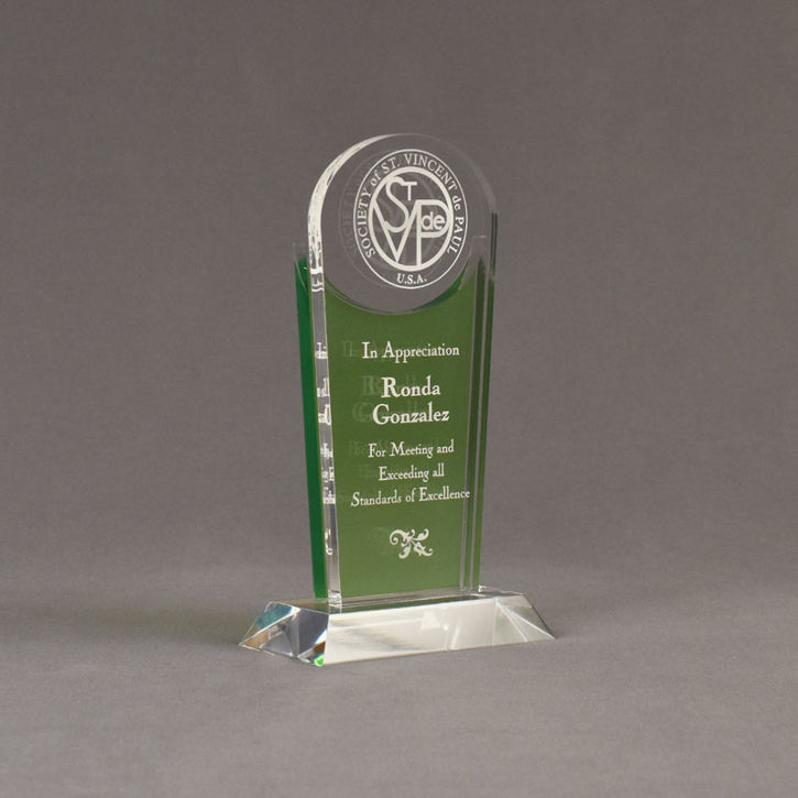 Angle view of Lucent™ 8" Radiant Acrylic Award with translucent apple green color highlight showing trophy laser engraving.