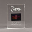 Front view of Allure™ 7" x 9" Acrylic Entrapment Award with studio film clip of Babe movie sandwiched inside two pieces of crystal clear acrylic.