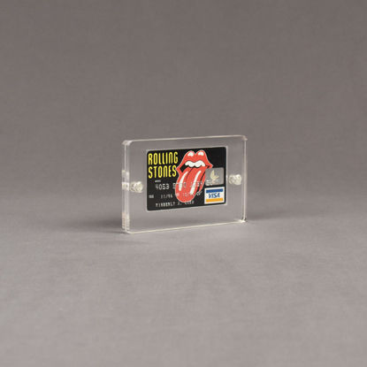Angle view of Allure™ 3" x 4" Acrylic Entrapment Award with Rolling Stones credit card inside two pieces of clear acrylic.