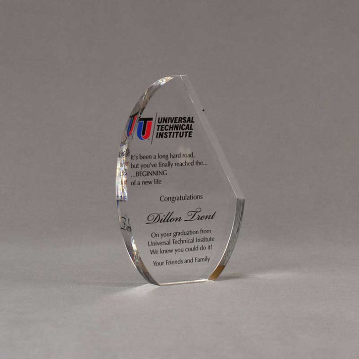 Angle view of 6" Aspect™ Crescent Acrylic Award featuring full color printed logo and text.